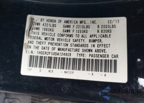 2013 Honda Accord Sport from USA, damaged, VIN 1HGCR2F5XDA124909